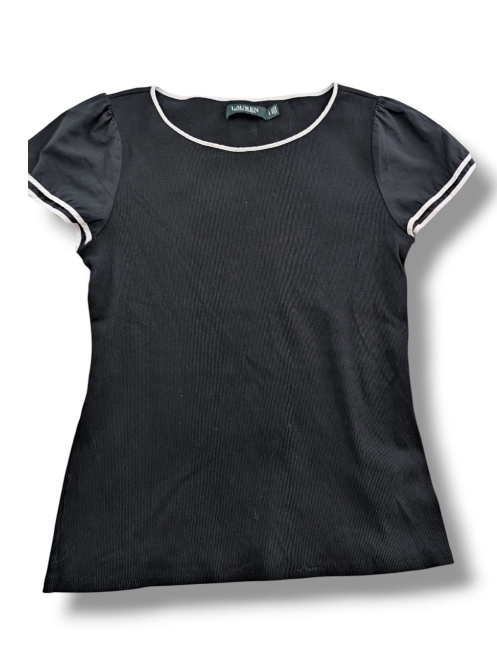 NWT Lauren Ralph Lauren Medium Ribbed Top Flutter Sleeve Black Top Shirt L